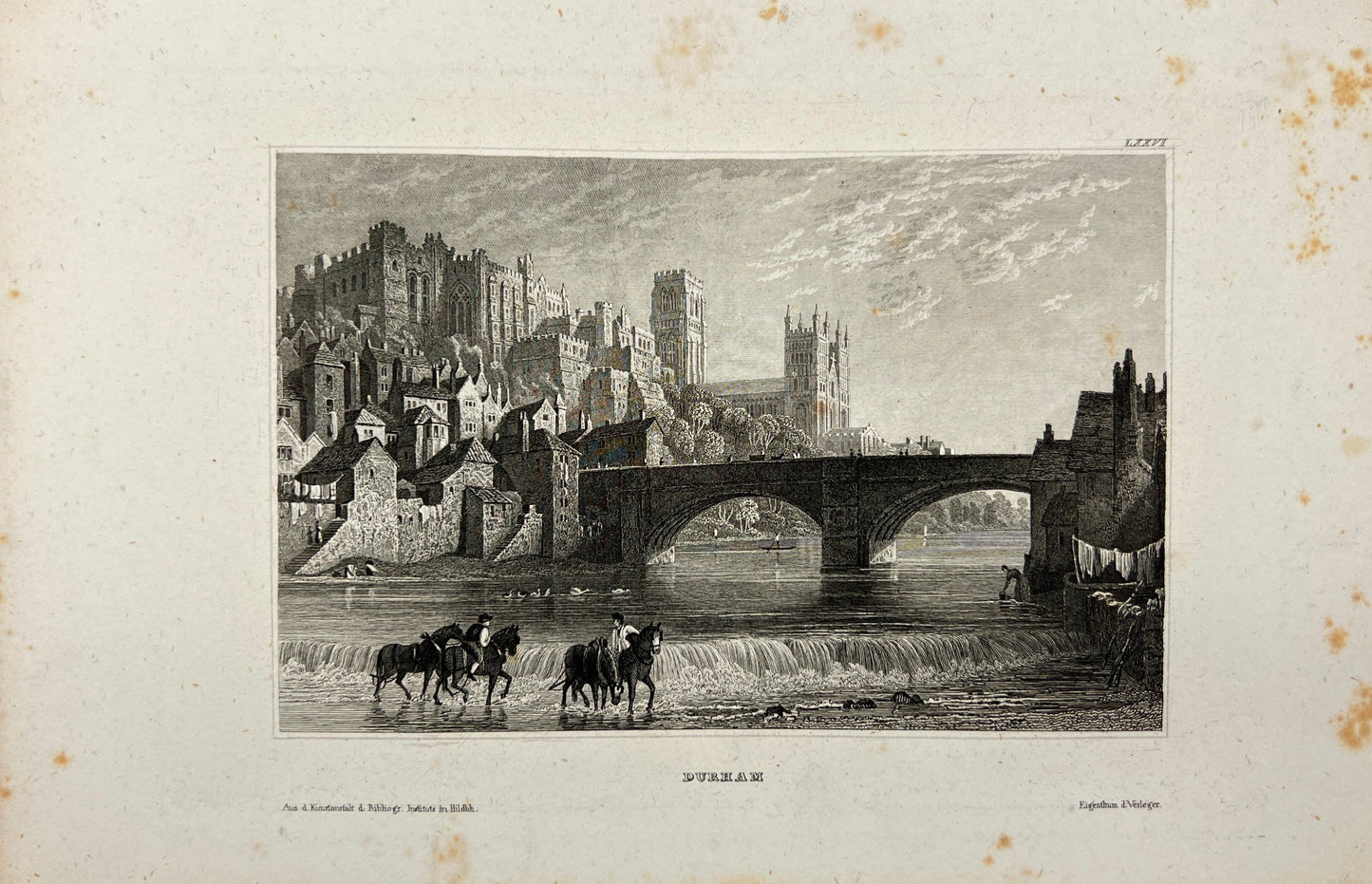Original Antique Engraving - Karl Reiss - View of Durham - England - E5