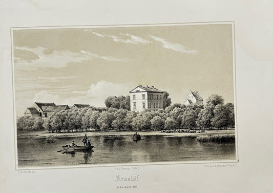 Original Antique Print - Richardt Ferdinand - Araslöf Från Nord-Ost - F3