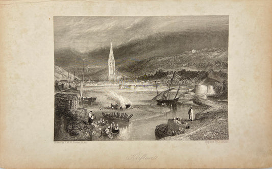 Original Antique Engraving - John Cousen - View of Harfleur in France - E5