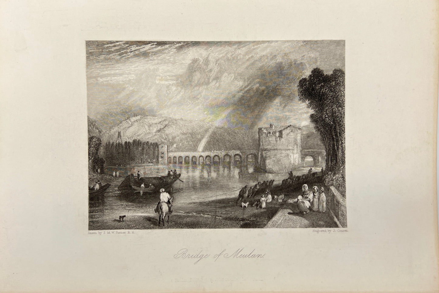 Original Antique Print - John Cousen - View of Bridge of Meulan in France - E5