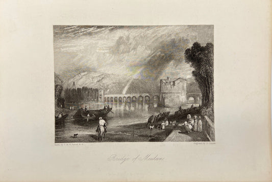 Original Antique Print - John Cousen - View of Bridge of Meulan in France - E5
