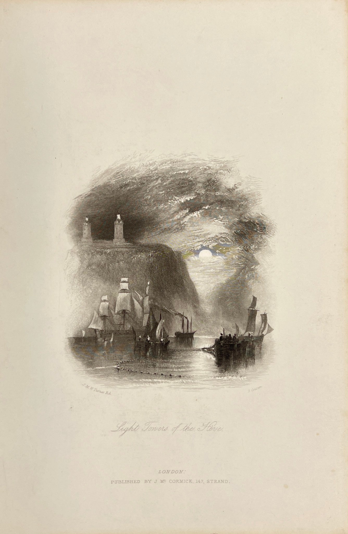 Original Antique Print - Turner - Light Towers of the Fore in France - E5