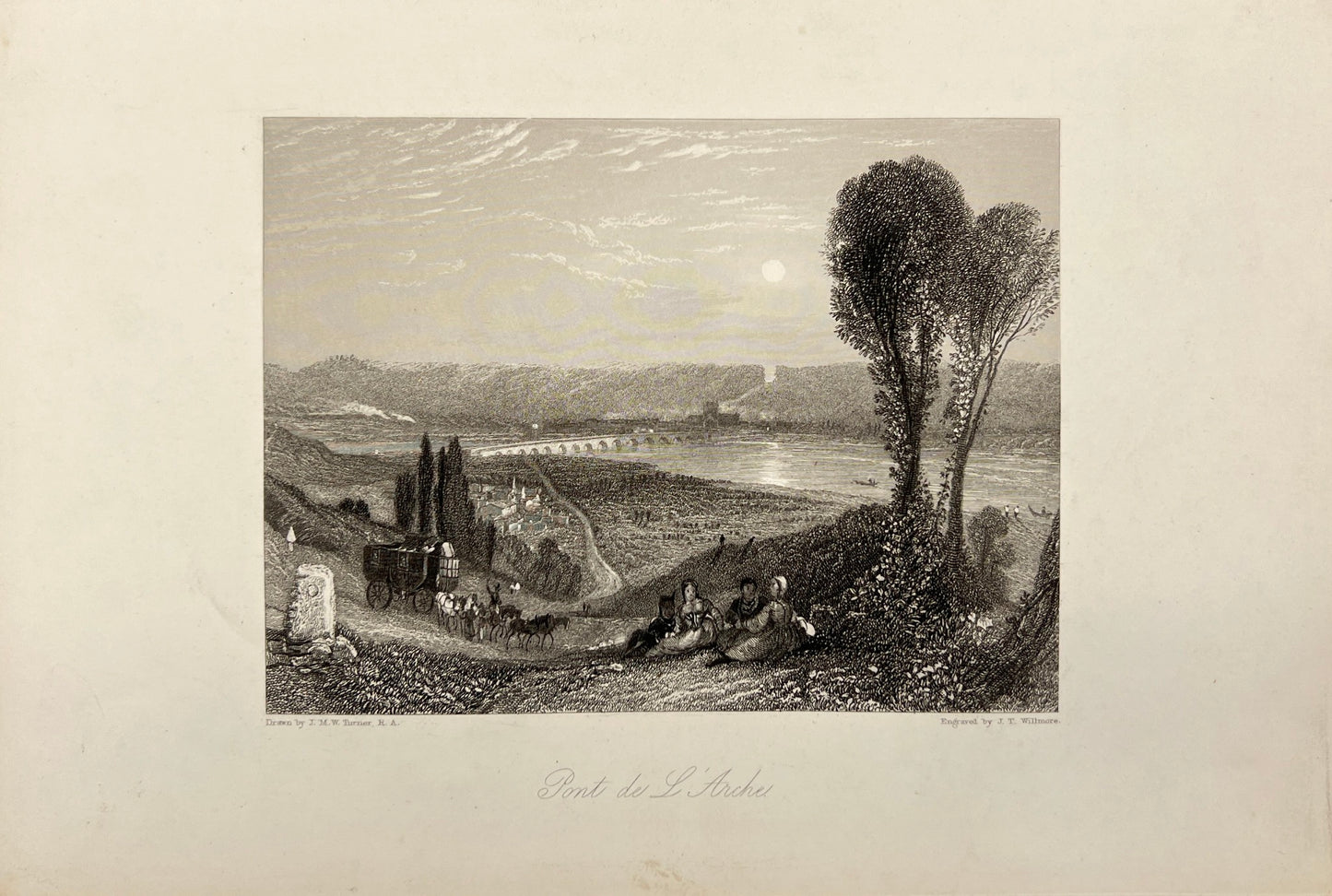 Original Antique Print - Willmore - View of Arche Bridge in France - E5