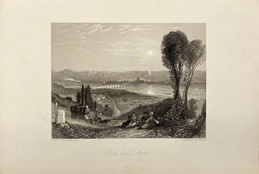 Original Antique Print - Willmore - View of Arche Bridge in France - E5