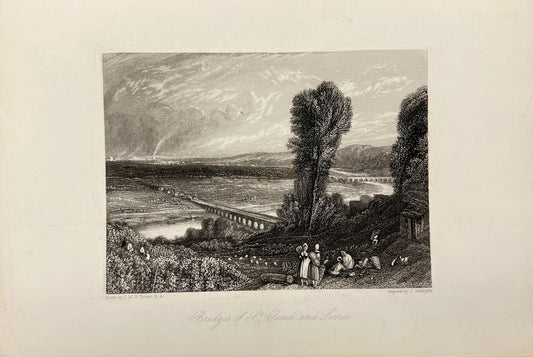 Original Antique Print - William Radclyffe - Bridges of St Cloud and Sare - E5
