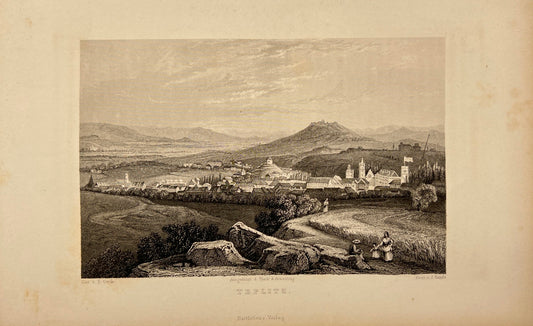 Original Antique Engraving - J.J. Hinchliff - View of Teplitz - Czech - E5