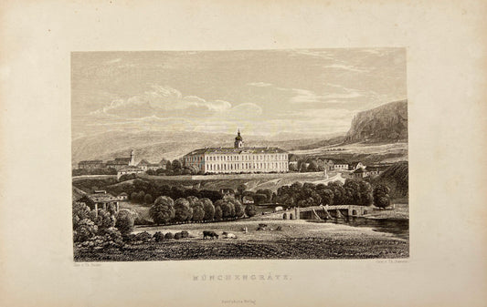 Original Antique Engraving - Thomas Ender - View of Munchengratz - E5