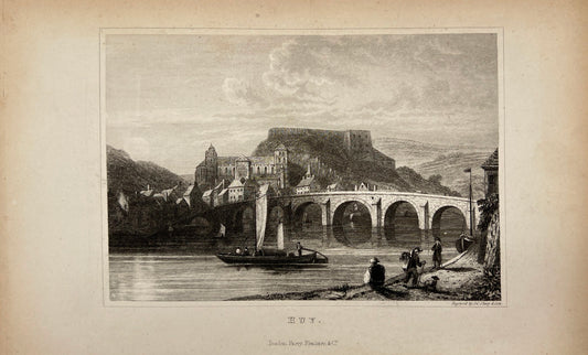 Original Antique Engraving - Shury & Son - View of Huy in Belgium - E5