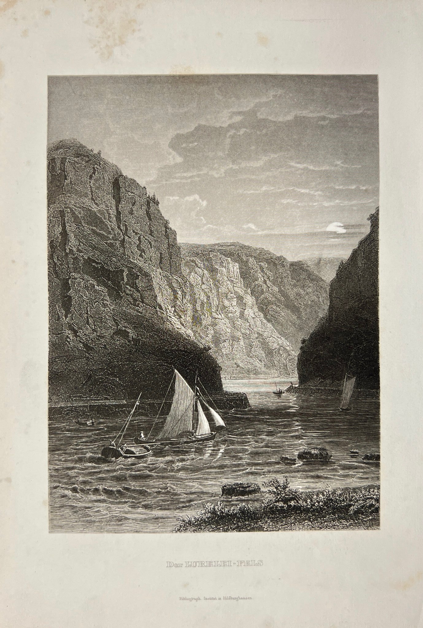 Antique Engraving - Adrian Ludwig Richter - View of the Lurelei Rock - E5