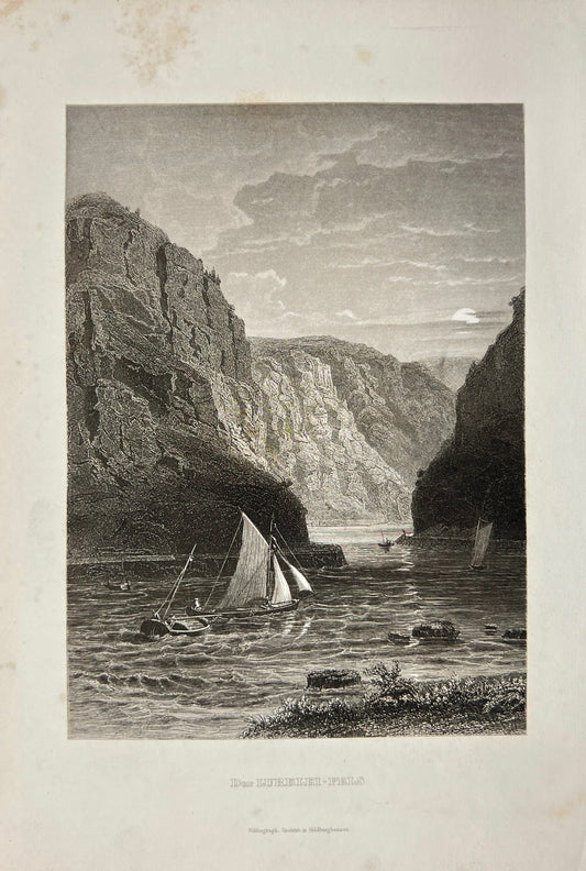 Antique Engraving - Adrian Ludwig Richter - View of the Lurelei Rock - E5