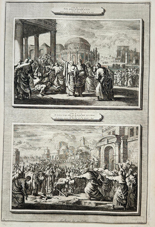 Antique Biblical Print - Paul Heals the Lame Man and Sacrifice to Paul F5