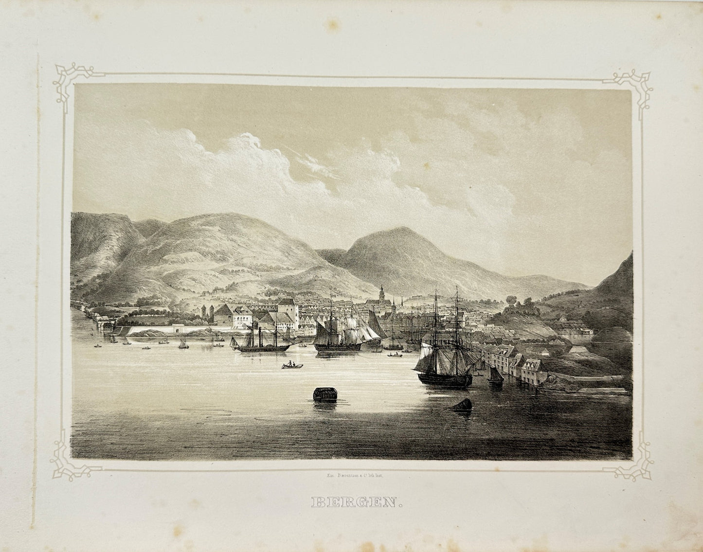 Antique Landscape Print - Adolph Tidemand - View of Bergen -Norway - F4