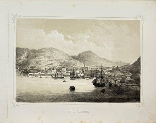 Antique Landscape Print - Adolph Tidemand - View of Bergen -Norway - F4