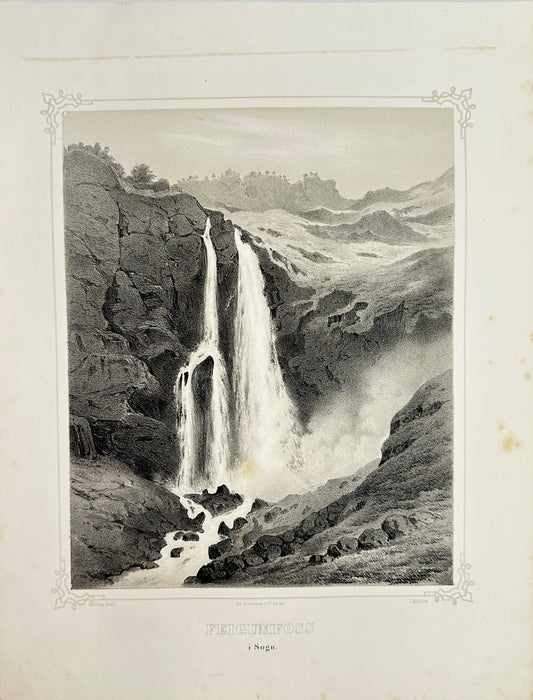 Antique Landscape Print - Adolph Tidemand - View of Feigum Fossen Waterfall - F4