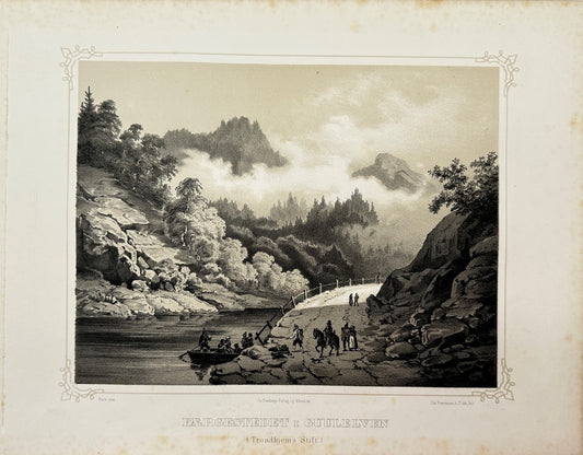 Antique Landscape Print - Adolph Tidemand - Ferry crossing in Guulelven - F4