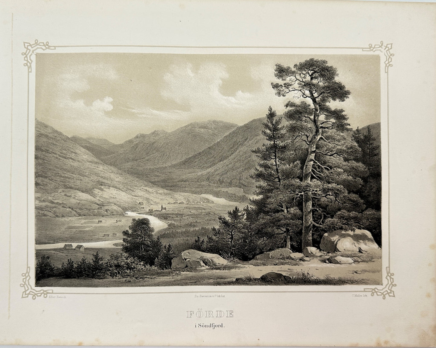 Original Landscape Antique Print - Adolph Tidemand - View of Førde - Norway - F4