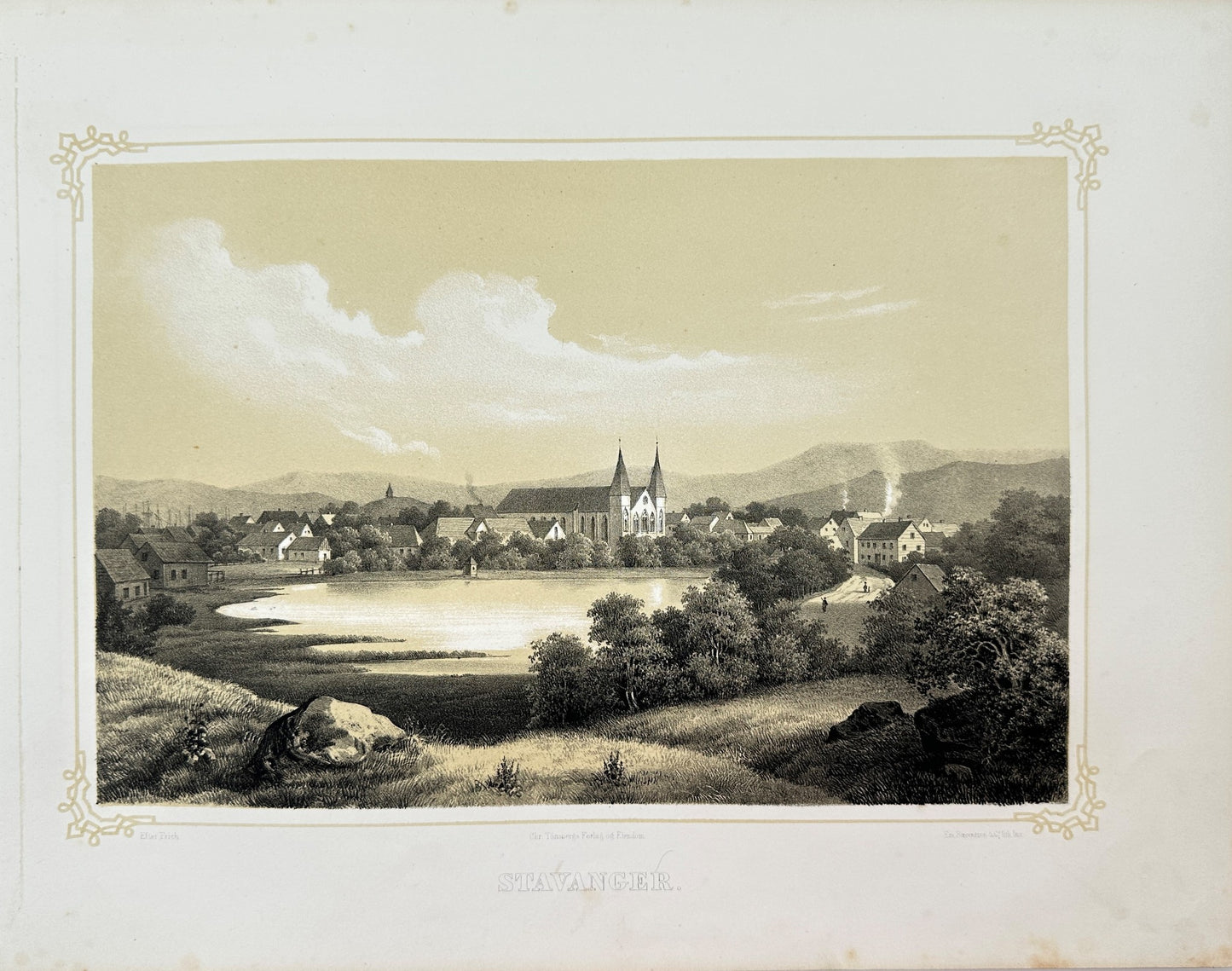 Antique Landscape Print - Adolph Tidemand - View of Stavanger - Norway - F4