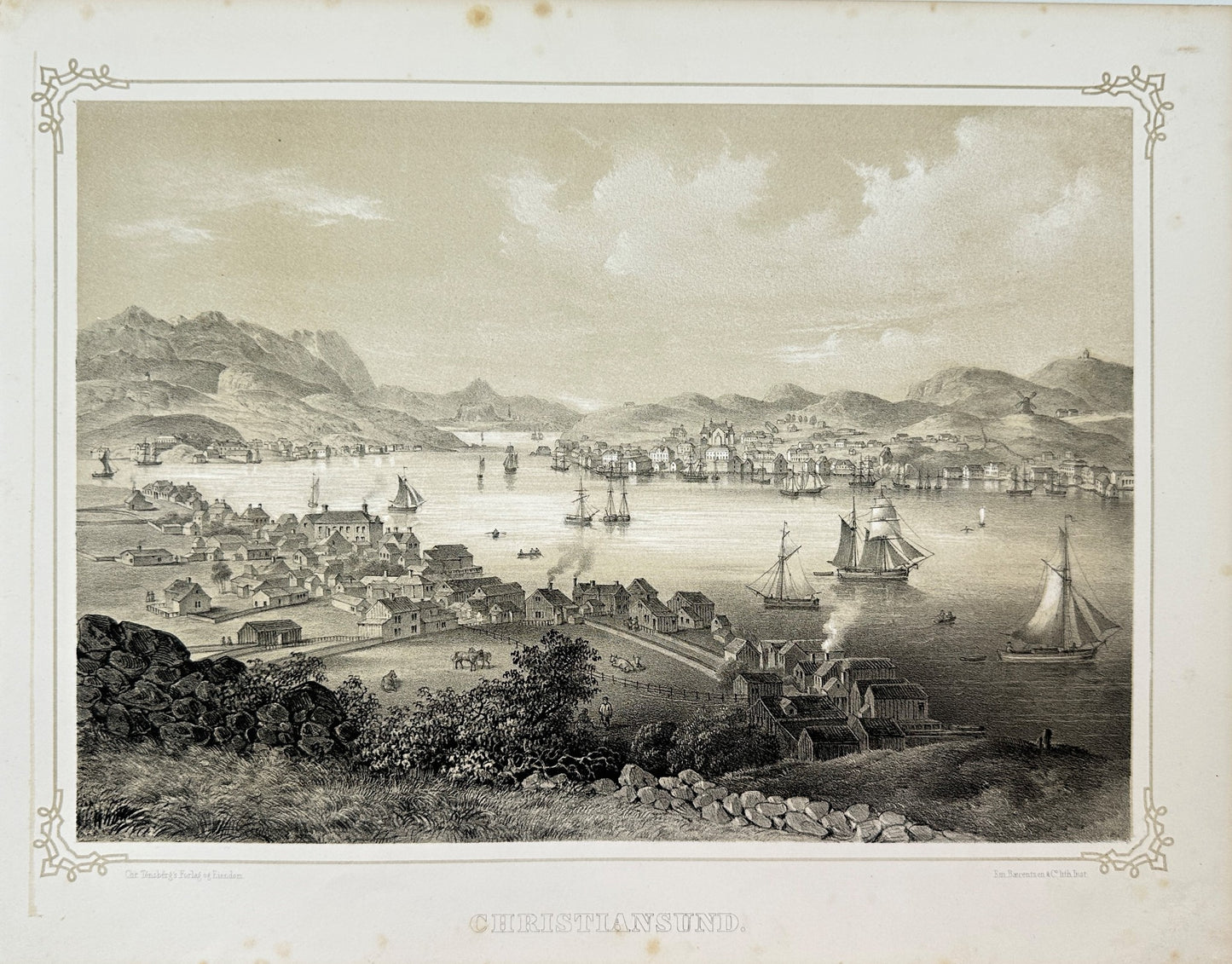 Antique Landscape Print - Adolph Tidemand - View of Kristiansund - Norway - F4