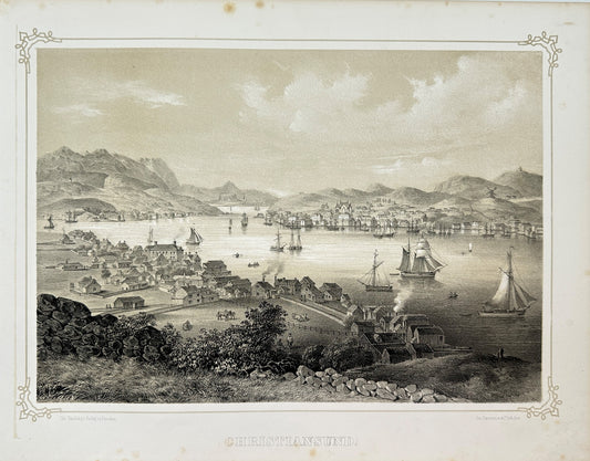 Antique Landscape Print - Adolph Tidemand - View of Kristiansund - Norway - F4