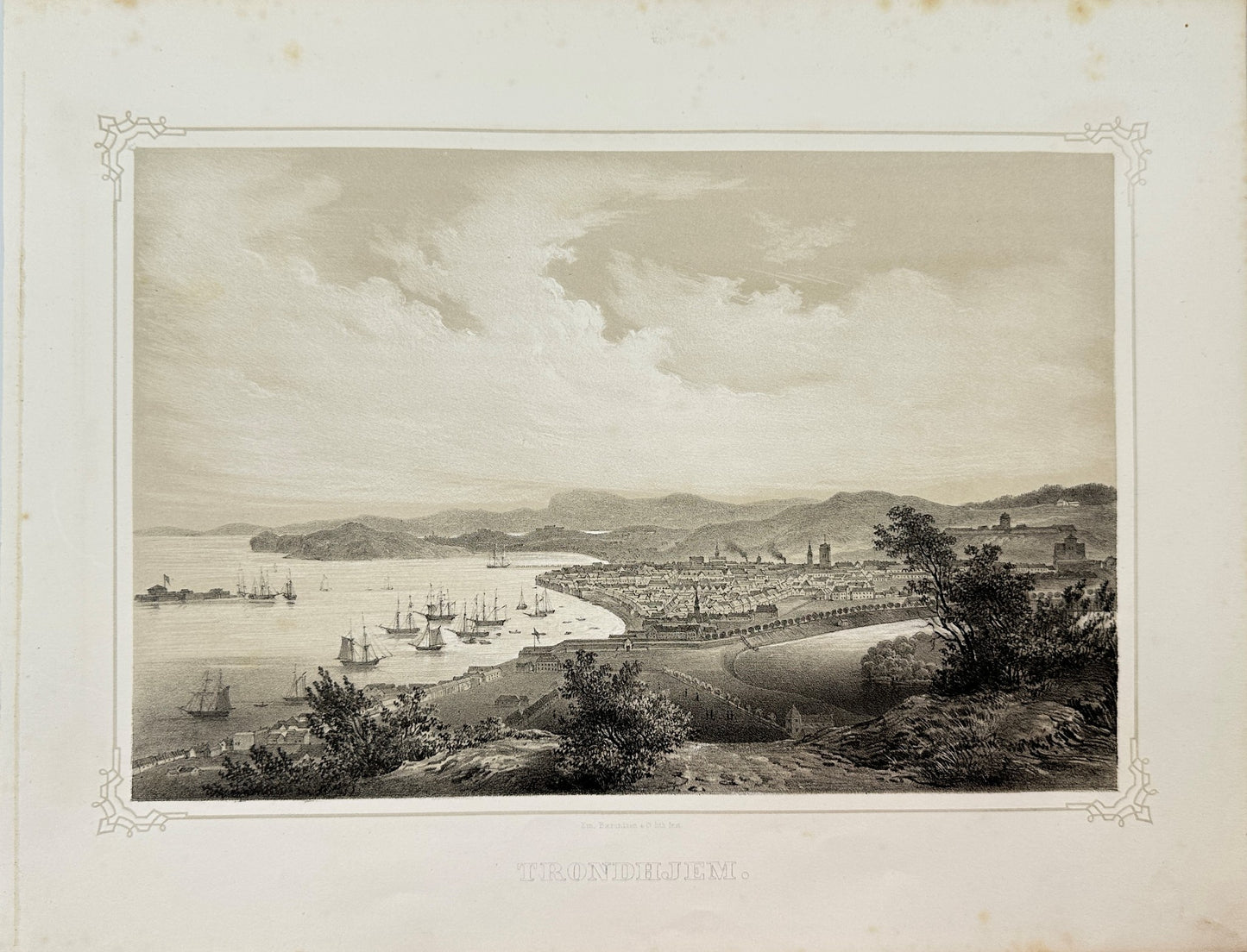 Antique Landscape Print - Adolph Tidemand - View of Trondheim - Norway - F4