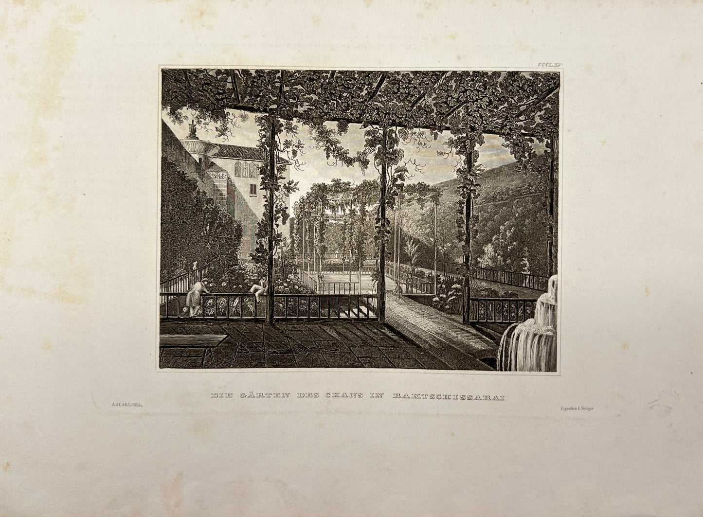 Antique Engraving - Carl Joseph Meyer - The Gardens of Khan in Bakchisarai - E5