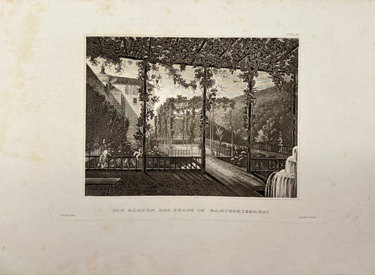 Antique Engraving - Carl Joseph Meyer - The Gardens of Khan in Bakchisarai - E5