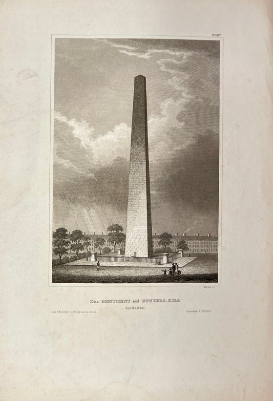 Antique Engraving - Carl Joseph Meyer - Das Monument auf Bunkers - Boston - E5