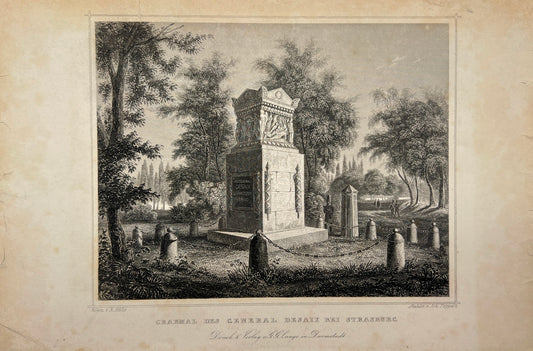 Antique Engraving - Carl Joseph Meyer - General Desai's Tomb - Strasbourg - E5