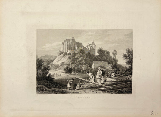 Antique Engraving - Carl Joseph Meyer - View of Nossen Castle in Germany - E5
