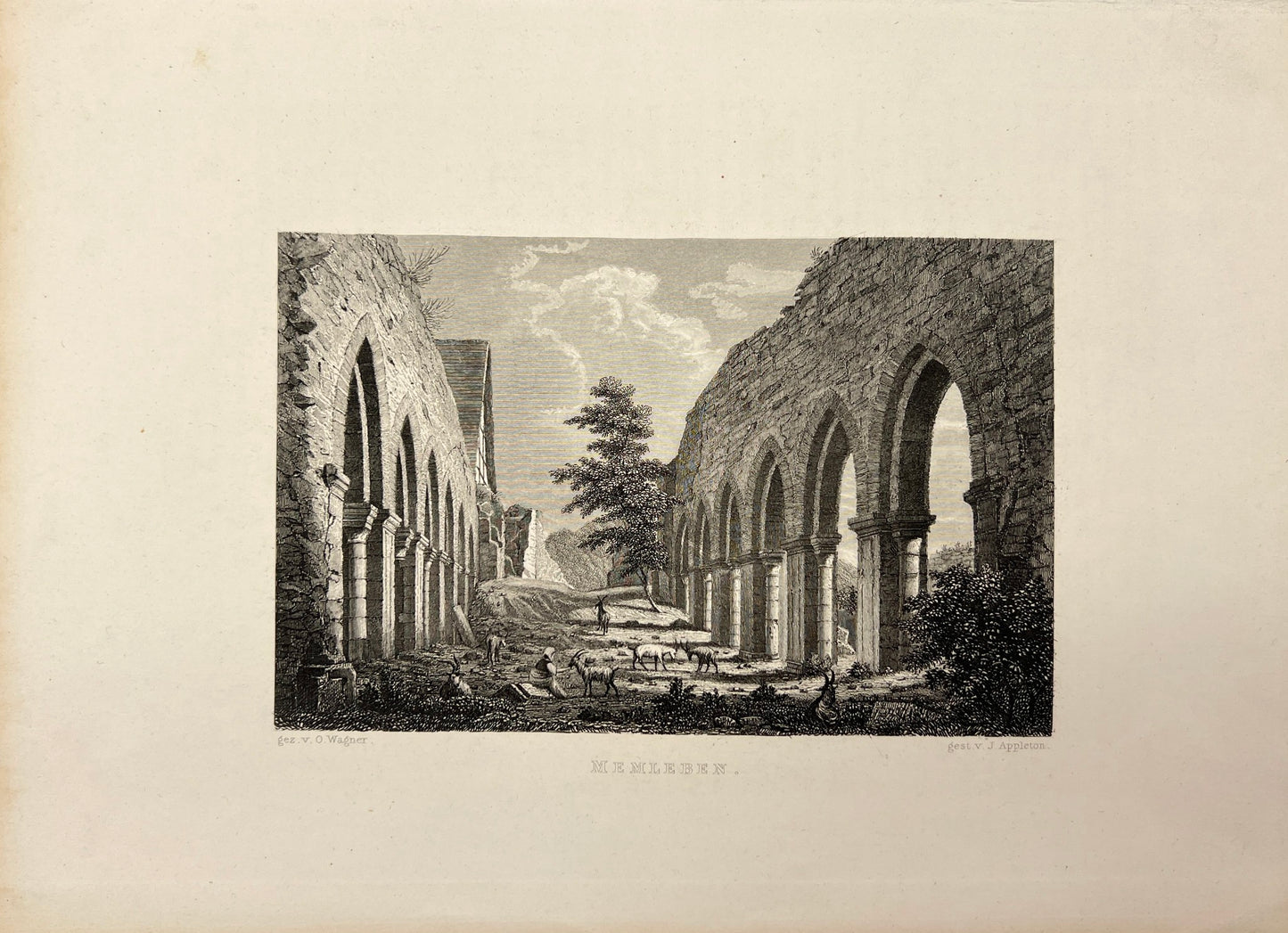 Antique Engraving - Carl Joseph Meyer - View of Memleben in Germany - E5