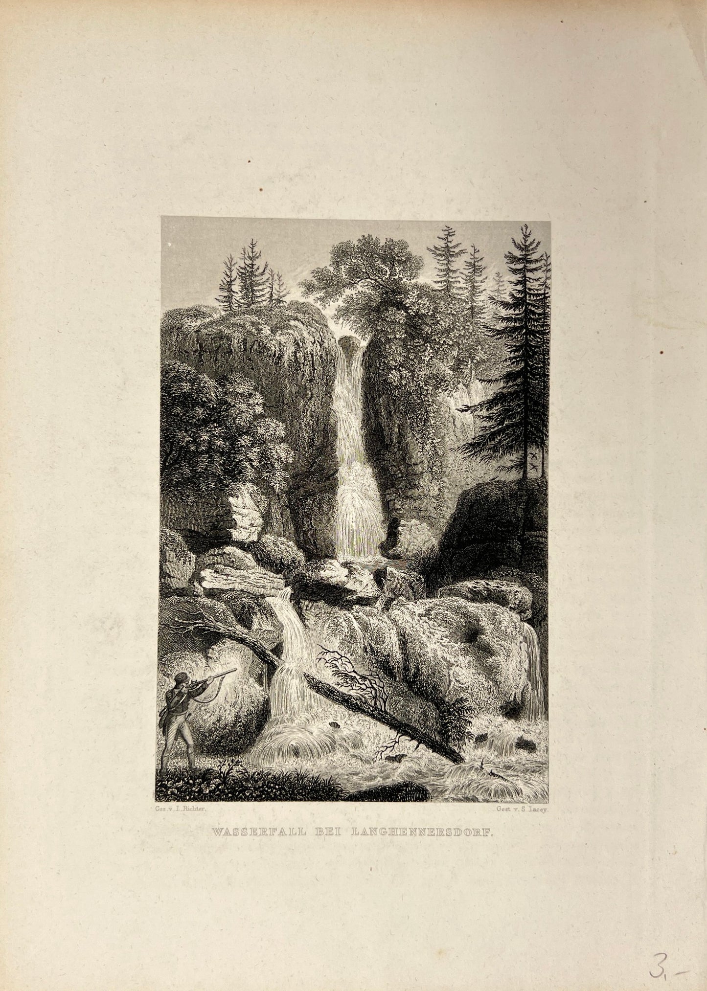 Antique Engraving - Carl Joseph Meyer - Waterfall near Langhennersdofr - E5