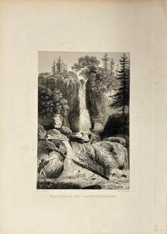 Antique Engraving - Carl Joseph Meyer - Waterfall near Langhennersdofr - E5