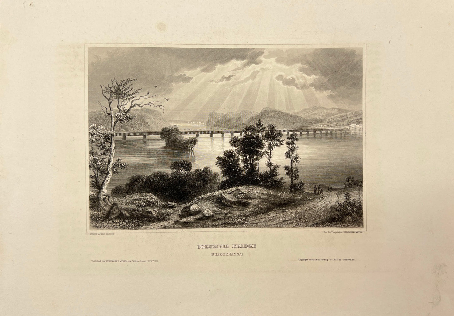 Antique Engraving - Carl Joseph Meyer - Columbia Bridge (Susquehanna) - E5
