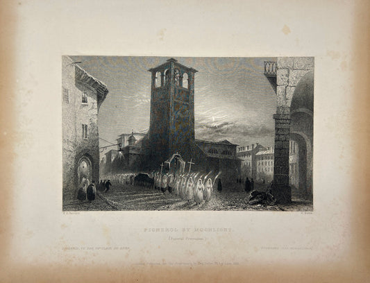 Original Antique Engraving - Carl Joseph Meyer - Pignerol by Moonlight - E5
