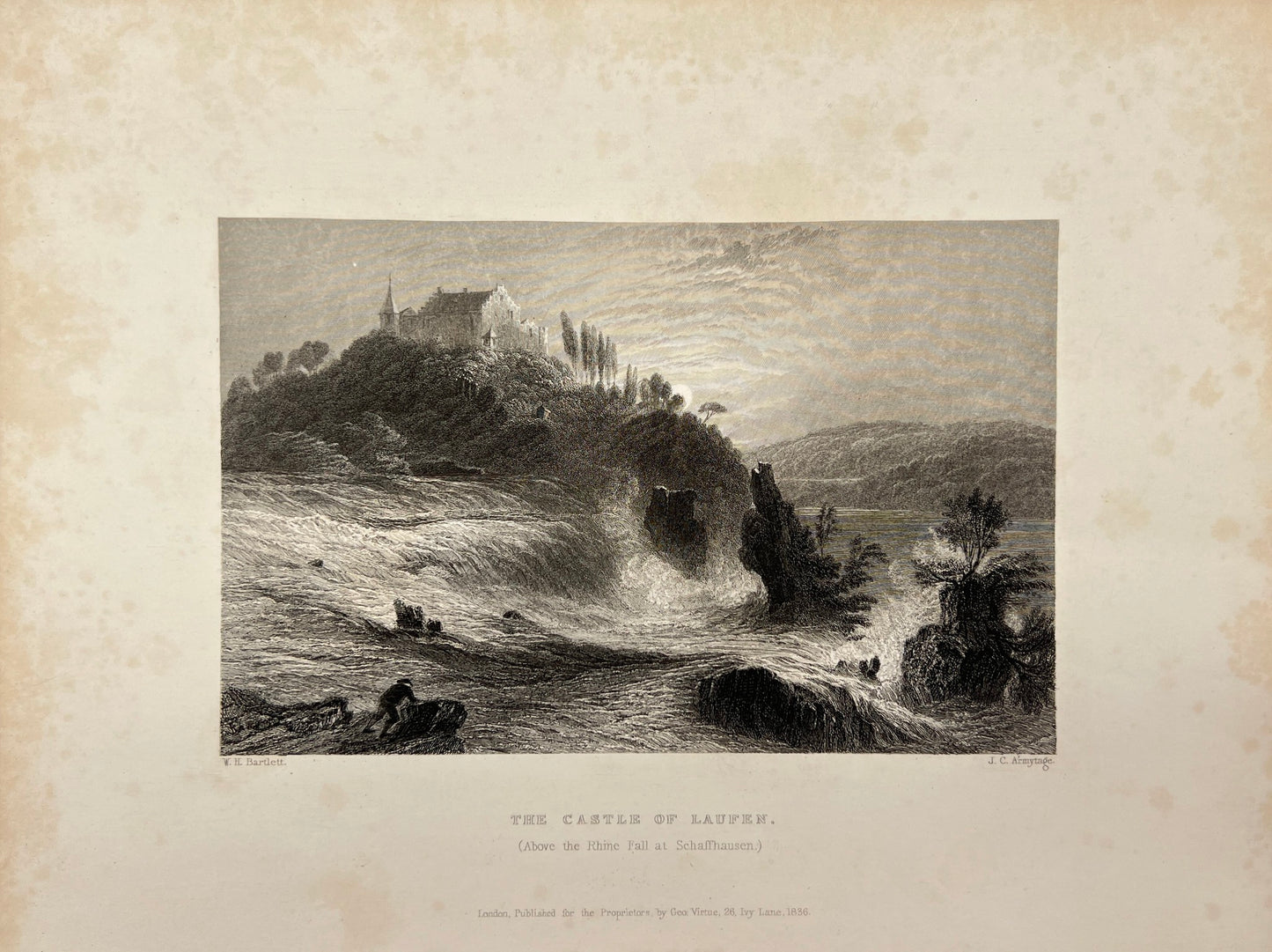 Antique Engraving - Carl Joseph Meyer - The Castle of Laufen - Switzerland - E5