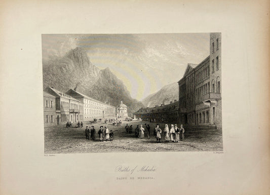 Original Antique Engraving - Carl Joseph Meyer - Baths of Mehadia - England - E5