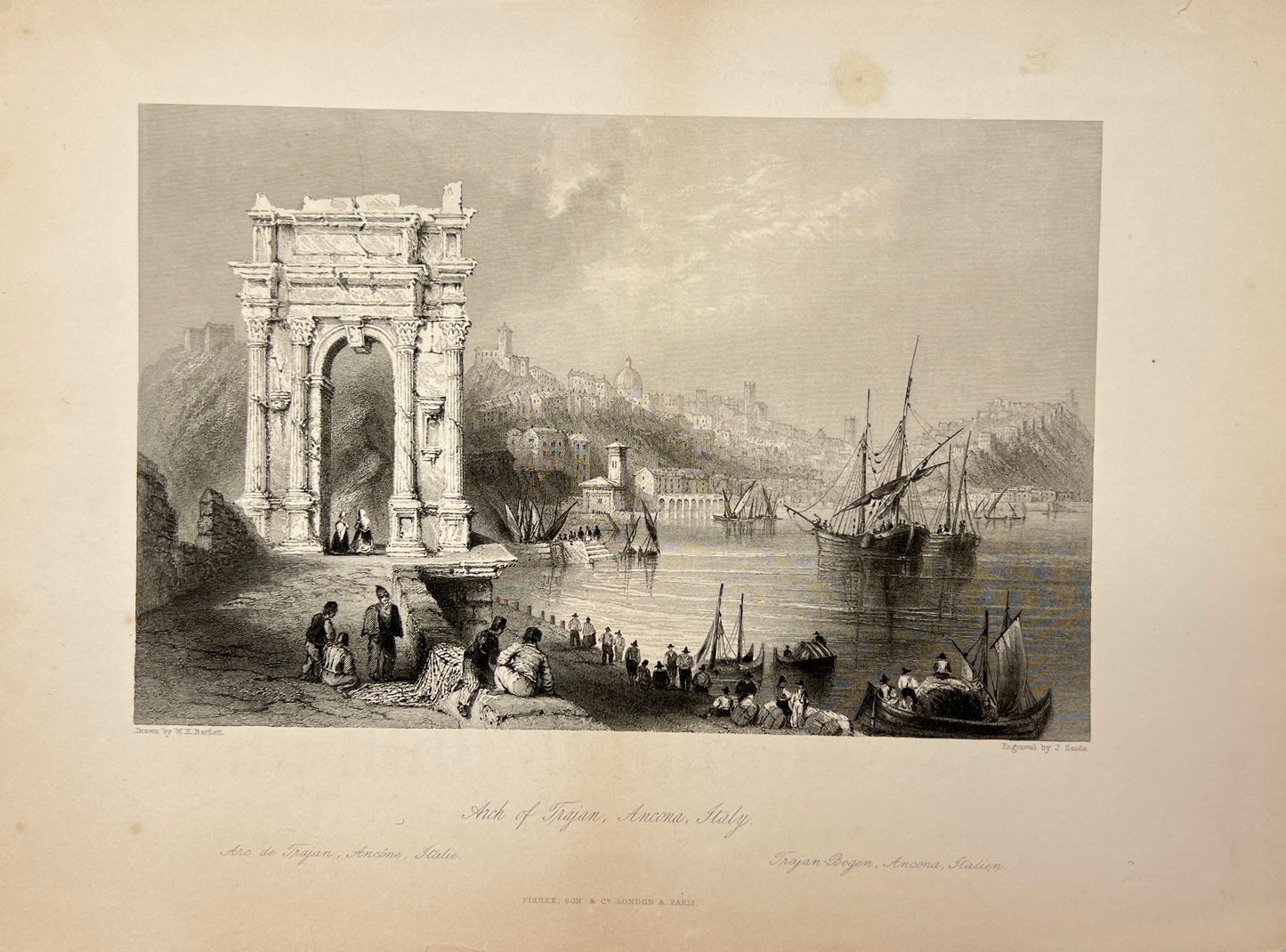 Antique Engraving - Carl Joseph Meyer - Arch of Trajan Ancona in Italy - E5