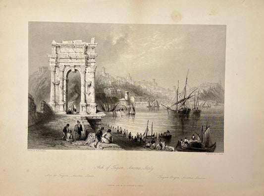 Antique Engraving - Carl Joseph Meyer - Arch of Trajan Ancona in Italy - E5
