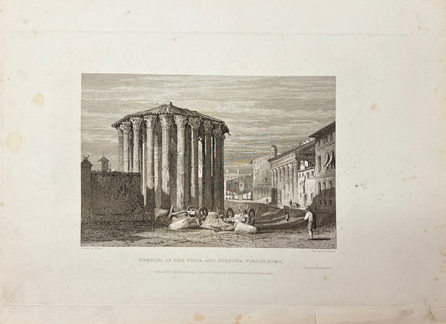 Antique Engraving - Carl Joseph Meyer - View of Temple of Hercules in Italy - E5