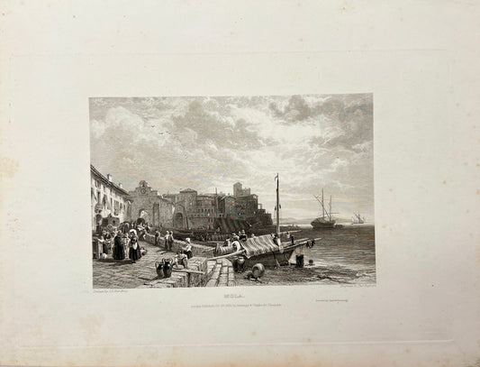 Antique Engraving - Carl Joseph Meyer - Mola - Bay of Naples - Italy - E5