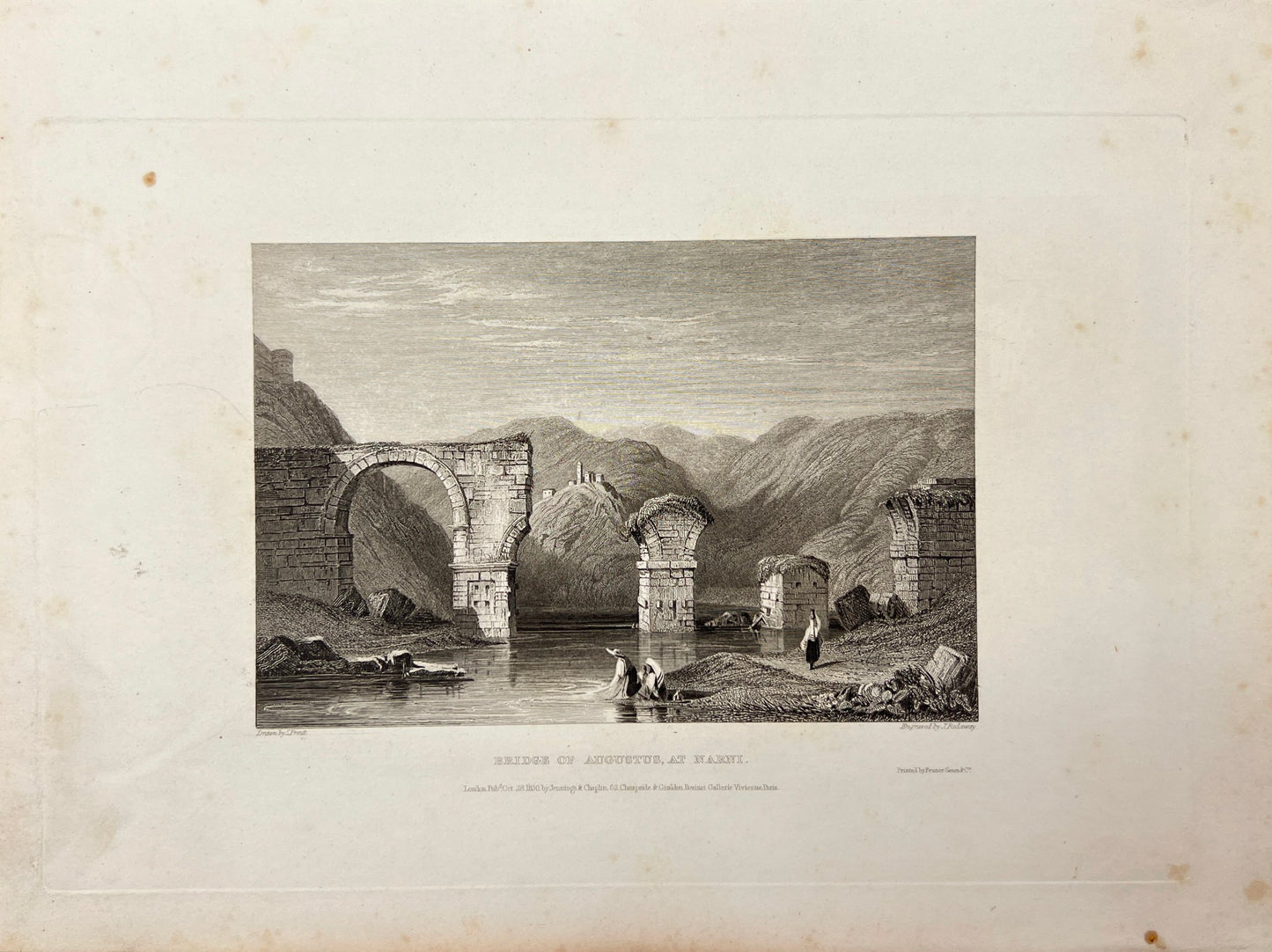 Antique Engraving - Carl Joseph Meyer - Bridge of Augustus, at Narni - E5