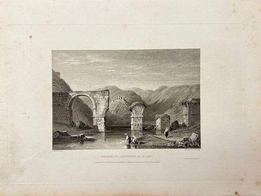 Antique Engraving - Carl Joseph Meyer - Bridge of Augustus, at Narni - E5
