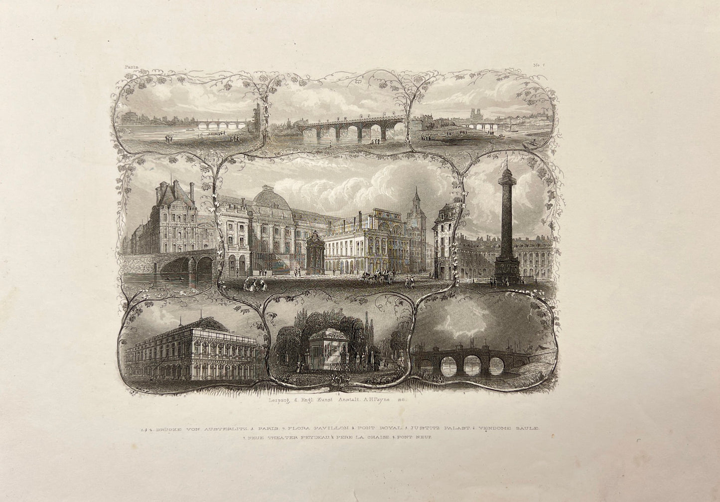 Antique Engraving - Carl Joseph Meyer - View of Paris Sights - France - E5