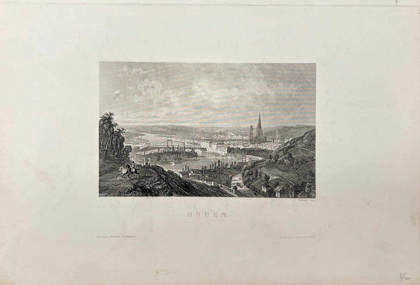 Original Antique Engraving - Carl Joseph Meyer - View of Rouen in France - E5