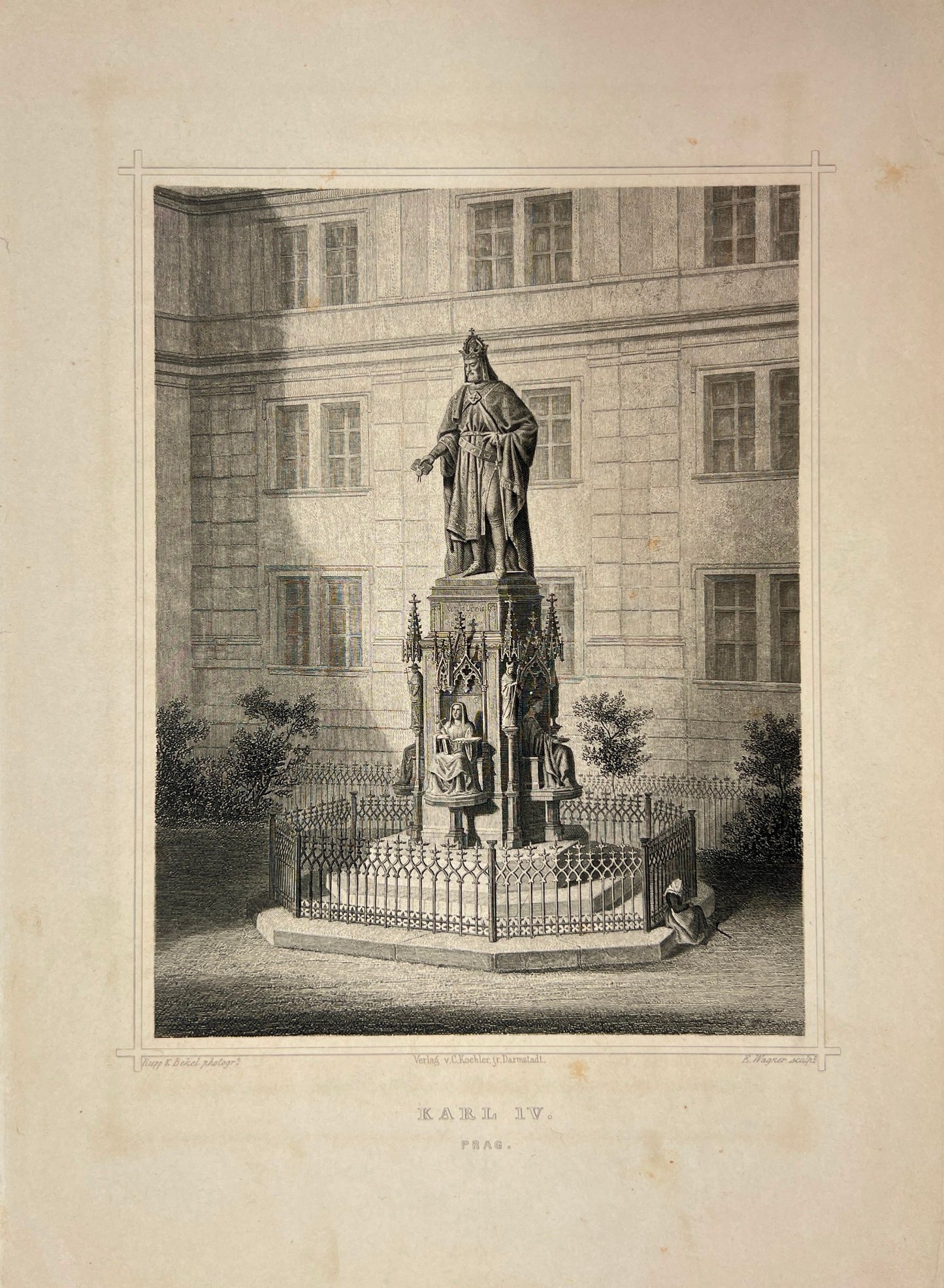Antique Engraving - Carl Joseph Meyer - Monument to Charles IV - Rome - E5