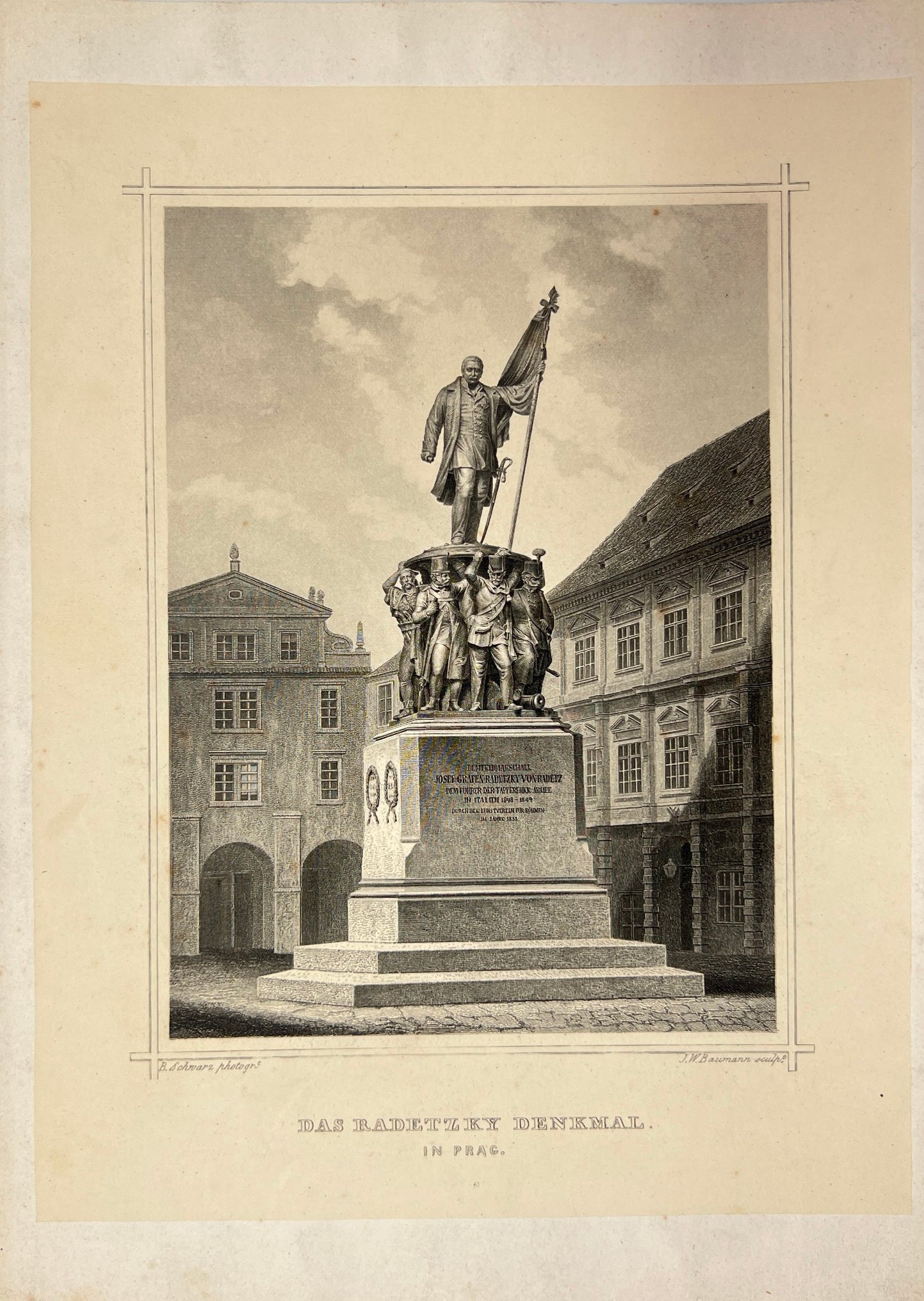 Antique Engraving - Carl Joseph Meyer - The Radetzky Monument in Prague - E5