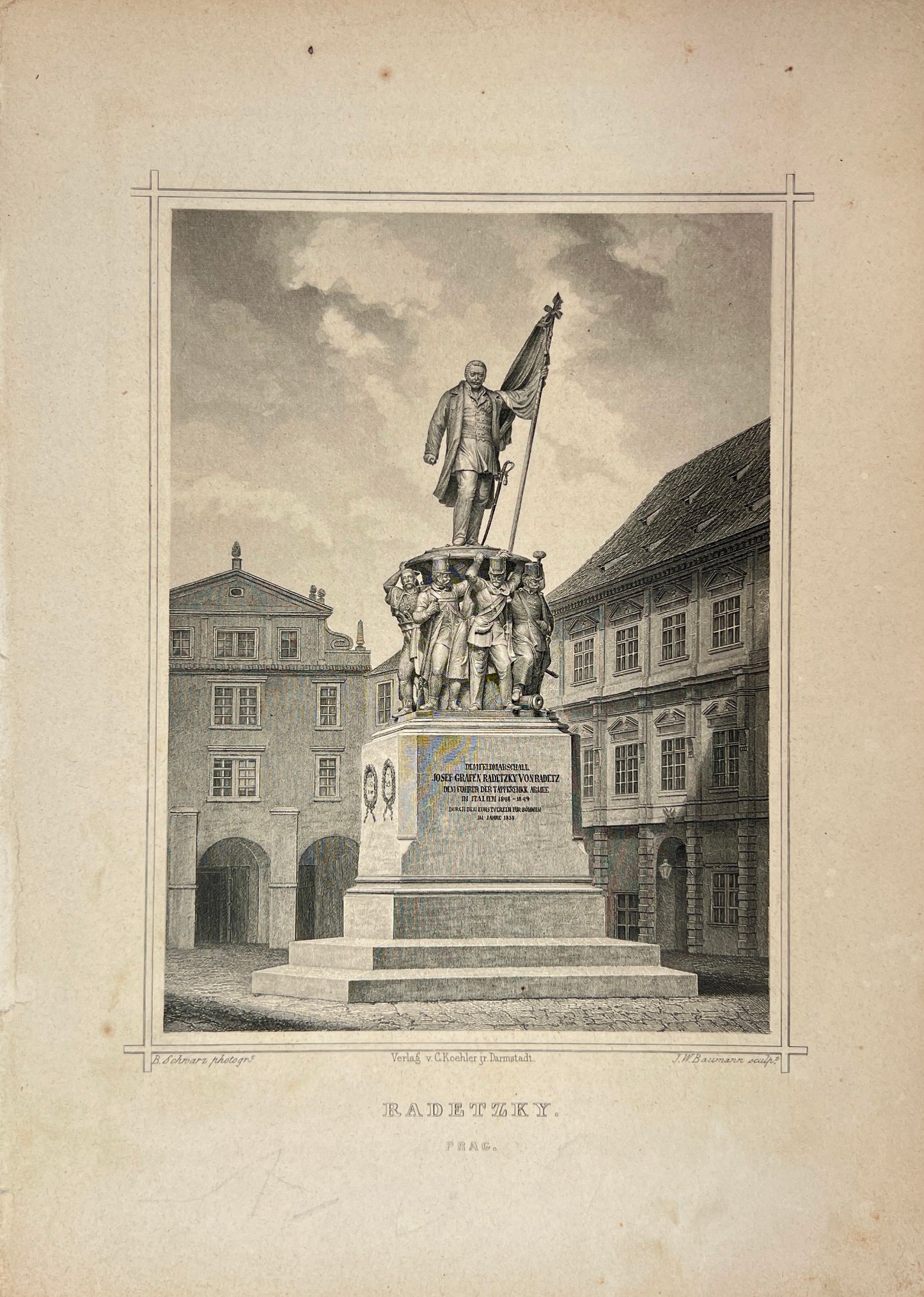 Antique Engraving - Carl Joseph Meyer - Radetzky in Prague - Czech - E5