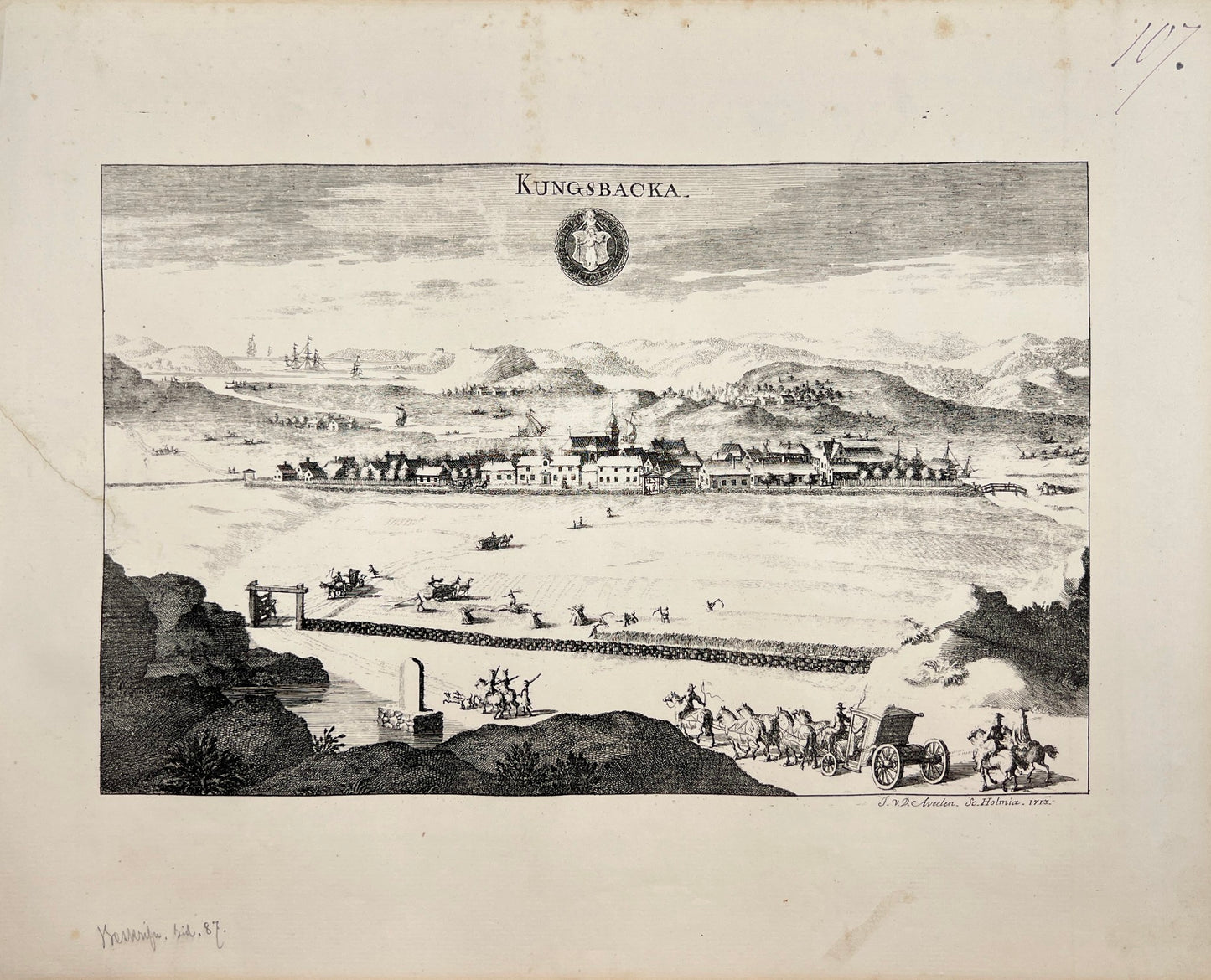 Original Antique Print - Erik Dahlberg - View of Kungsbacka in Sweden - E1