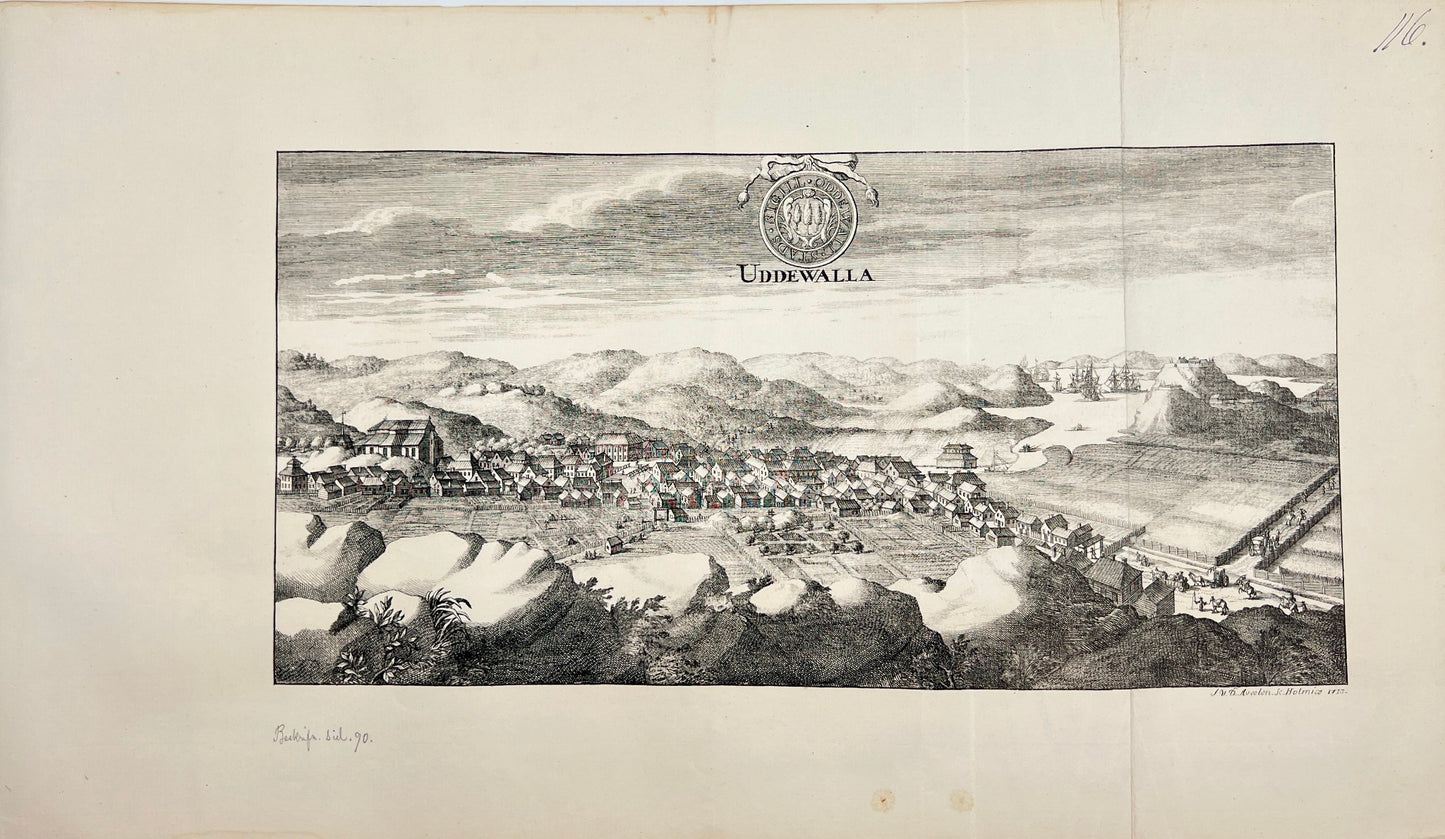 Original Antique Print - Erik Dahlberg - View of City of Uddevalla - Sweden - E1