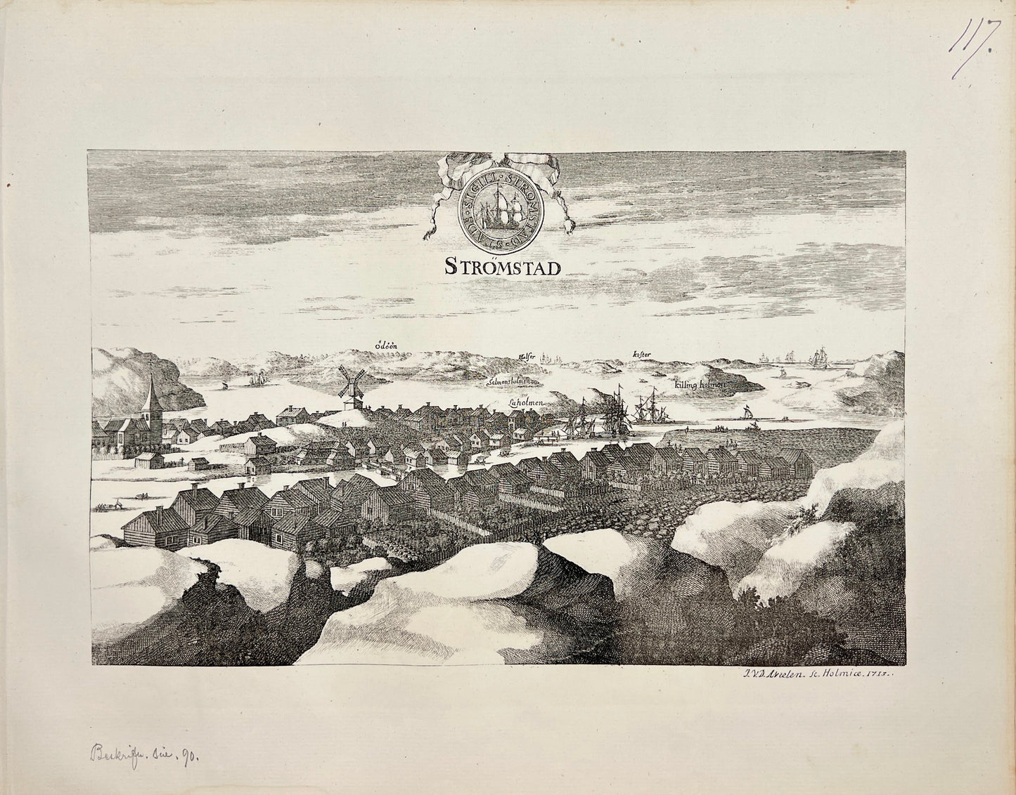 Original Antique Print - Erik Dahlberg - View of City of Strömstad - Sweden - E1